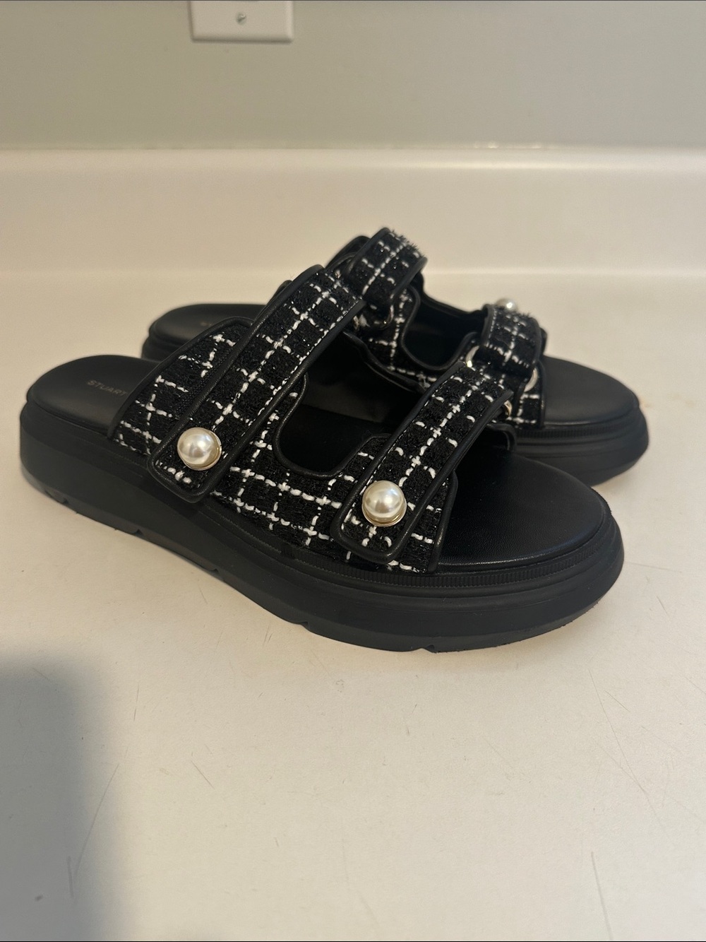 Stuart Weitzman Tweed Sandal Slidss with Pearls- size 8.5